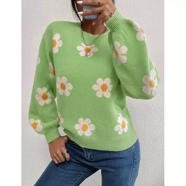 IDEALSANXUN Knit Sweater for Women Casual Long Sleeve Crewneck Floral Loose Chunky Ribbed Pullover TopsGreen