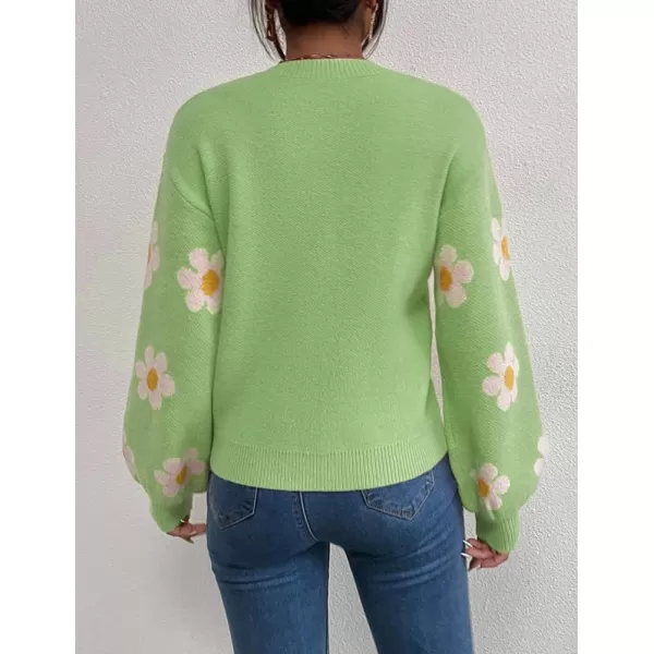 IDEALSANXUN Knit Sweater for Women Casual Long Sleeve Crewneck Floral Loose Chunky Ribbed Pullover TopsGreen