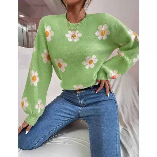 IDEALSANXUN Knit Sweater for Women Casual Long Sleeve Crewneck Floral Loose Chunky Ribbed Pullover TopsGreen