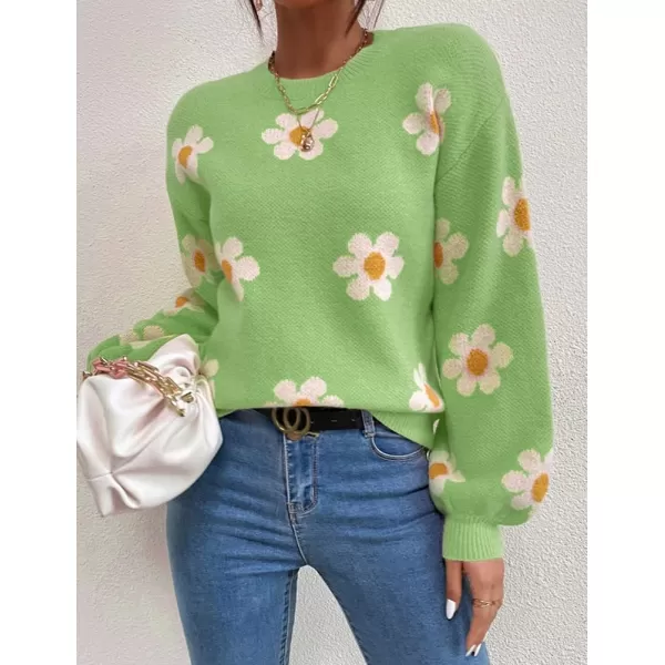 IDEALSANXUN Knit Sweater for Women Casual Long Sleeve Crewneck Floral Loose Chunky Ribbed Pullover TopsGreen