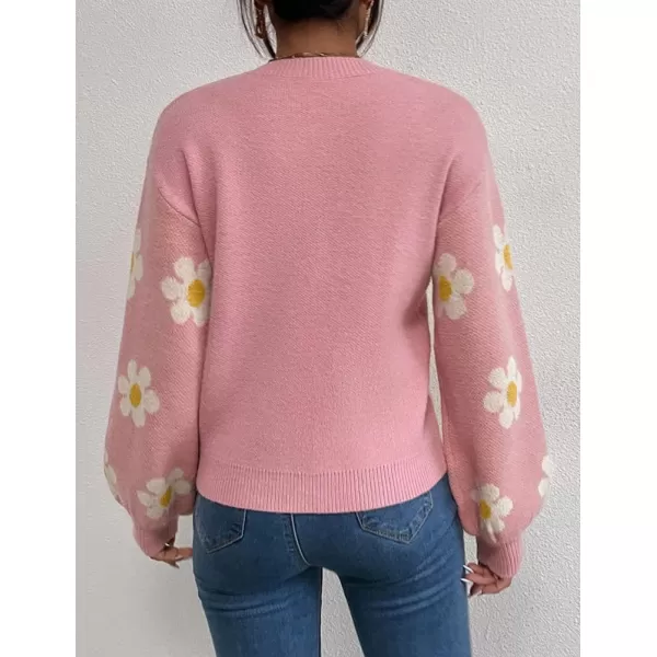 IDEALSANXUN Knit Sweater for Women Casual Long Sleeve Crewneck Floral Loose Chunky Ribbed Pullover TopsPink