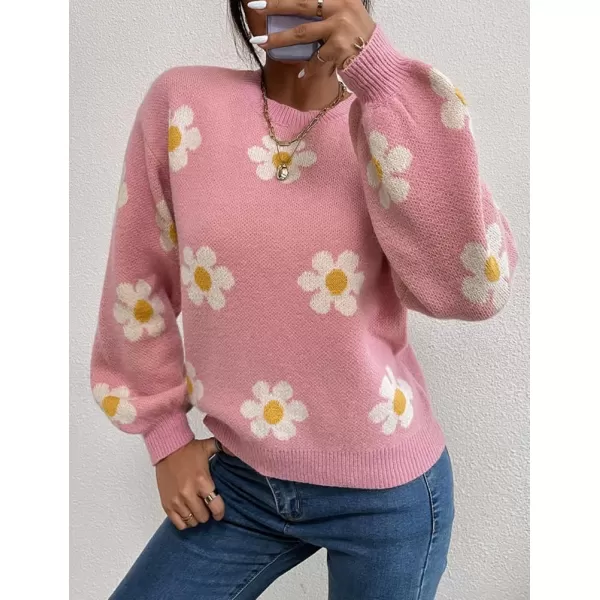 IDEALSANXUN Knit Sweater for Women Casual Long Sleeve Crewneck Floral Loose Chunky Ribbed Pullover TopsPink