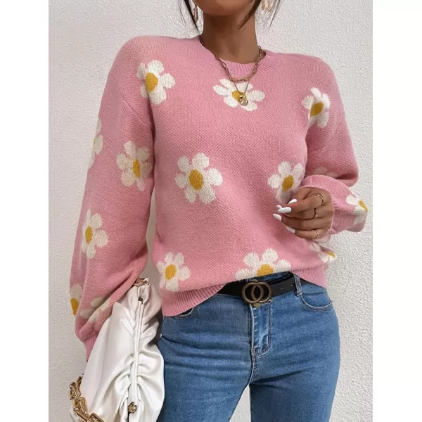 IDEALSANXUN Knit Sweater for Women Casual Long Sleeve Crewneck Floral Loose Chunky Ribbed Pullover TopsPink