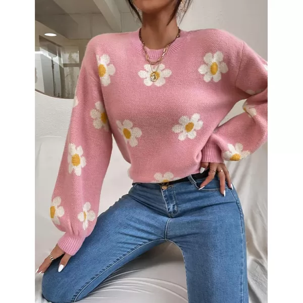 IDEALSANXUN Knit Sweater for Women Casual Long Sleeve Crewneck Floral Loose Chunky Ribbed Pullover TopsPink