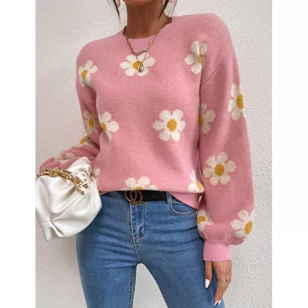 IDEALSANXUN Knit Sweater for Women Casual Long Sleeve Crewneck Floral Loose Chunky Ribbed Pullover TopsPink