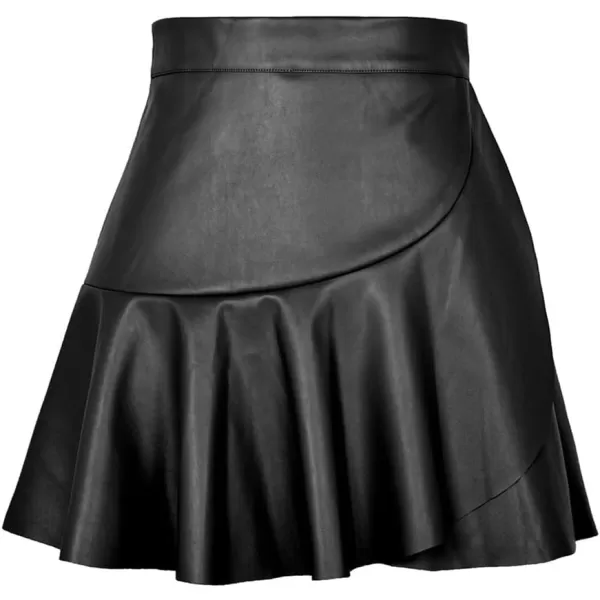 IDEALSANXUN Leather Mini Skirt for Women High Waisted ALine Pleated Ruffle Casual Flared 2023 Trendy Fall Winter SkirtBlack