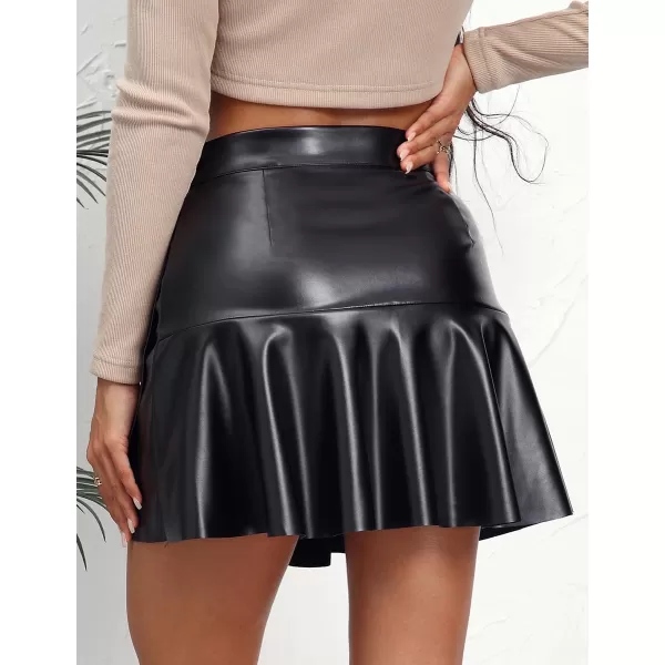 IDEALSANXUN Leather Mini Skirt for Women High Waisted ALine Pleated Ruffle Casual Flared 2023 Trendy Fall Winter SkirtBlack