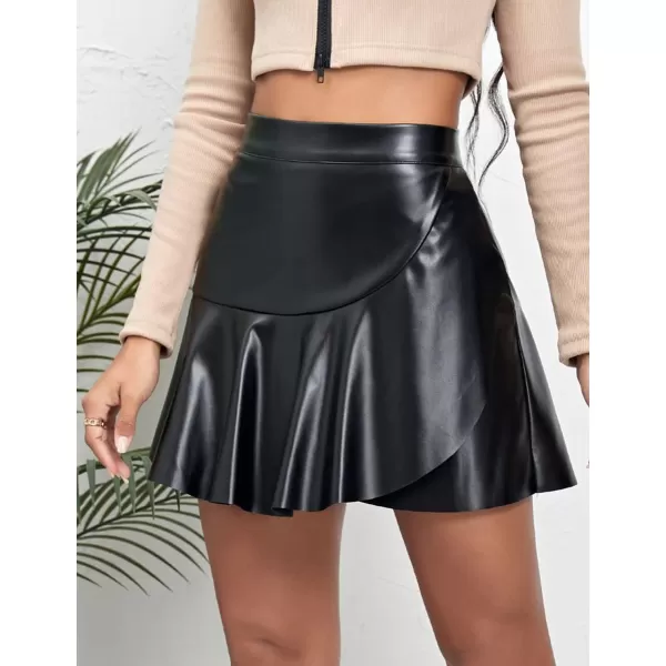 IDEALSANXUN Leather Mini Skirt for Women High Waisted ALine Pleated Ruffle Casual Flared 2023 Trendy Fall Winter SkirtBlack