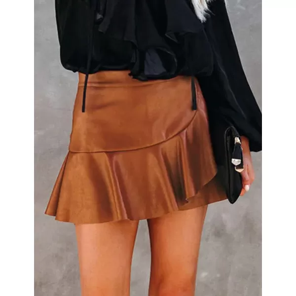 IDEALSANXUN Leather Mini Skirt for Women High Waisted ALine Pleated Ruffle Casual Flared 2023 Trendy Fall Winter SkirtBrown