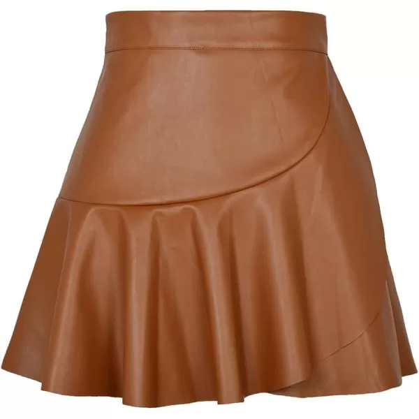 IDEALSANXUN Leather Mini Skirt for Women High Waisted ALine Pleated Ruffle Casual Flared 2023 Trendy Fall Winter SkirtBrown