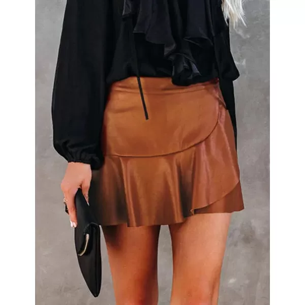 IDEALSANXUN Leather Mini Skirt for Women High Waisted ALine Pleated Ruffle Casual Flared 2023 Trendy Fall Winter SkirtBrown