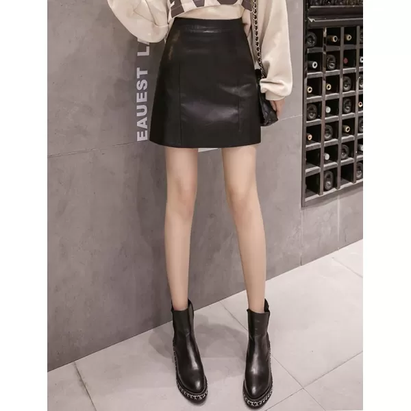 IDEALSANXUN Leather Mini Skirt for Women High Waisted PU A Line Glossy Fall SkirtsBlack