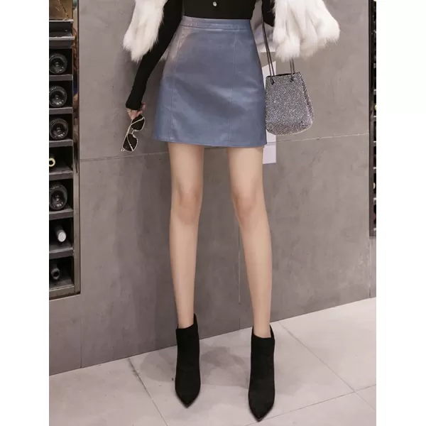 IDEALSANXUN Leather Mini Skirt for Women High Waisted PU A Line Glossy Fall SkirtsBlue