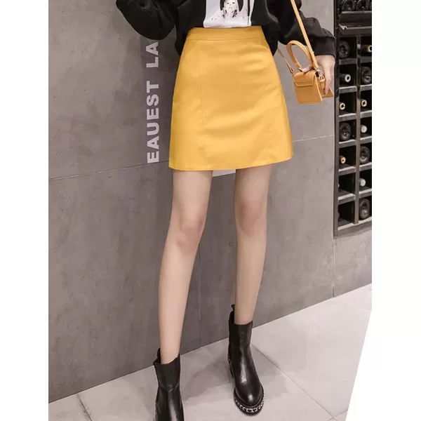 IDEALSANXUN Leather Mini Skirt for Women High Waisted PU A Line Glossy Fall SkirtsYellow