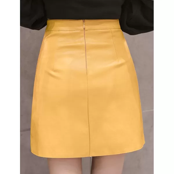 IDEALSANXUN Leather Mini Skirt for Women High Waisted PU A Line Glossy Fall SkirtsYellow