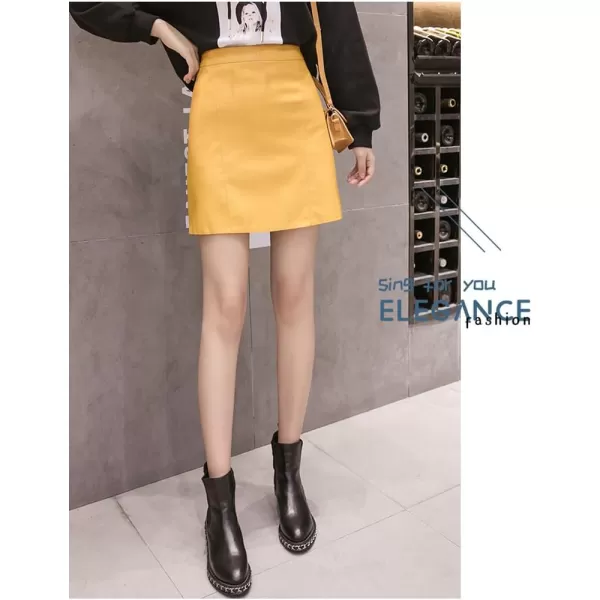 IDEALSANXUN Leather Mini Skirt for Women High Waisted PU A Line Glossy Fall SkirtsYellow