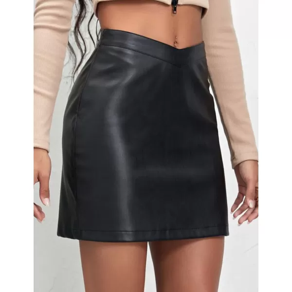 IDEALSANXUN Leather Mini Skirt for Women Pencil Bodycon V Waist Wrap Fall Winter Trendy Cute Short SkirtBlack