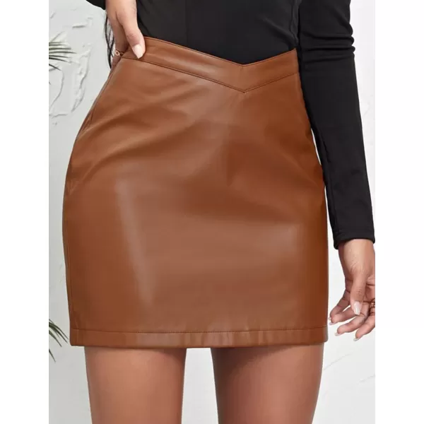 IDEALSANXUN Leather Mini Skirt for Women Pencil Bodycon V Waist Wrap Fall Winter Trendy Cute Short SkirtBrown