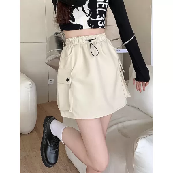 IDEALSANXUN Leather Mini Skirts for Women 2023 Fall Winter High Waisted Drawstring A Line Short Skirt with PocketBeige