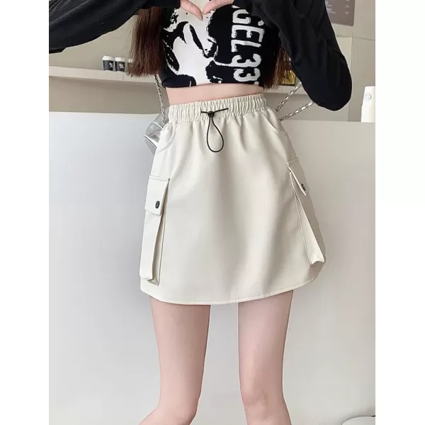 IDEALSANXUN Leather Mini Skirts for Women 2023 Fall Winter High Waisted Drawstring A Line Short Skirt with PocketBeige