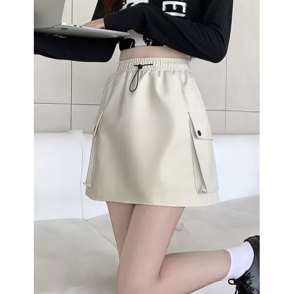 IDEALSANXUN Leather Mini Skirts for Women 2023 Fall Winter High Waisted Drawstring A Line Short Skirt with PocketBeige