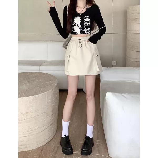 IDEALSANXUN Leather Mini Skirts for Women 2023 Fall Winter High Waisted Drawstring A Line Short Skirt with PocketBeige