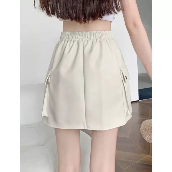 IDEALSANXUN Leather Mini Skirts for Women 2023 Fall Winter High Waisted Drawstring A Line Short Skirt with PocketBeige