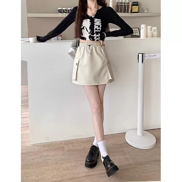 IDEALSANXUN Leather Mini Skirts for Women 2023 Fall Winter High Waisted Drawstring A Line Short Skirt with PocketBeige