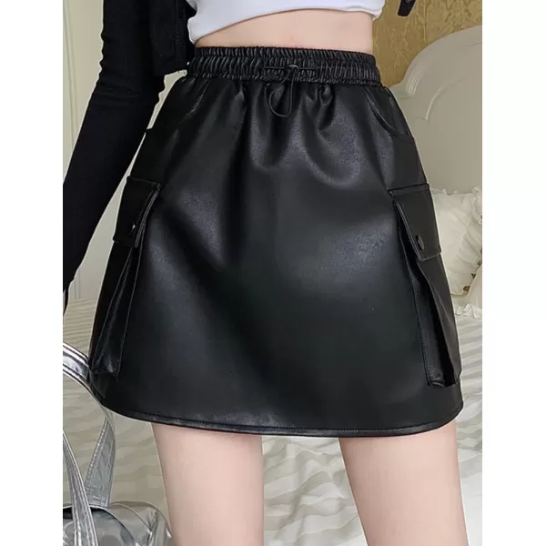 IDEALSANXUN Leather Mini Skirts for Women 2023 Fall Winter High Waisted Drawstring A Line Short Skirt with PocketBlack
