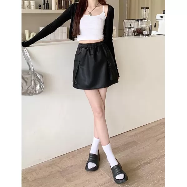 IDEALSANXUN Leather Mini Skirts for Women 2023 Fall Winter High Waisted Drawstring A Line Short Skirt with PocketBlack