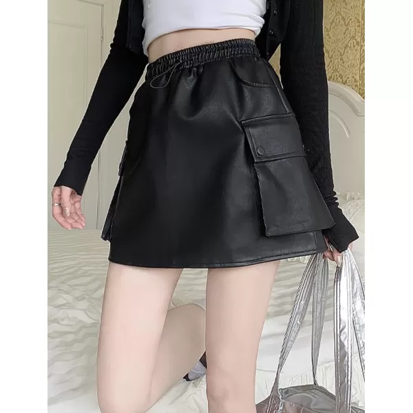 IDEALSANXUN Leather Mini Skirts for Women 2023 Fall Winter High Waisted Drawstring A Line Short Skirt with PocketBlack