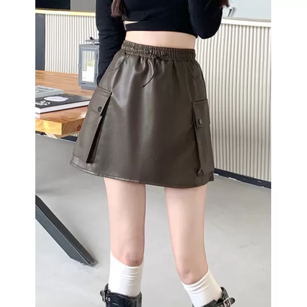 IDEALSANXUN Leather Mini Skirts for Women 2023 Fall Winter High Waisted Drawstring A Line Short Skirt with PocketCoffee