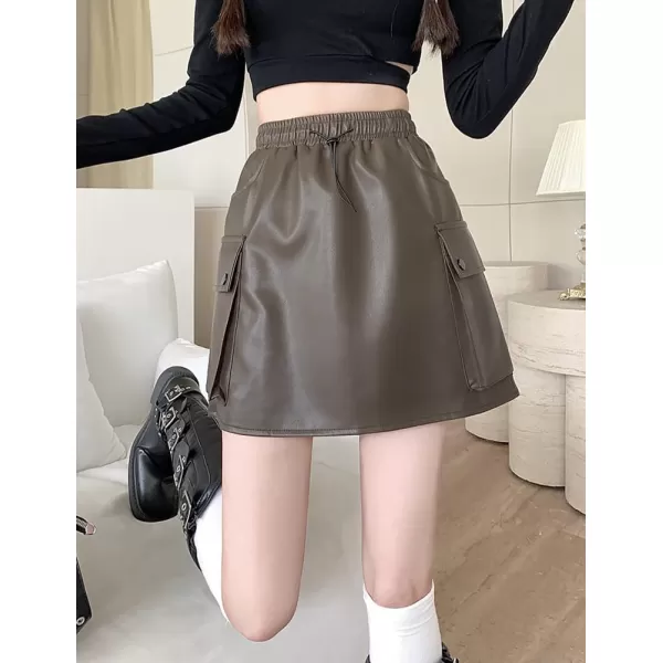IDEALSANXUN Leather Mini Skirts for Women 2023 Fall Winter High Waisted Drawstring A Line Short Skirt with PocketCoffee