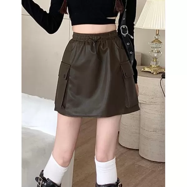 IDEALSANXUN Leather Mini Skirts for Women 2023 Fall Winter High Waisted Drawstring A Line Short Skirt with PocketCoffee
