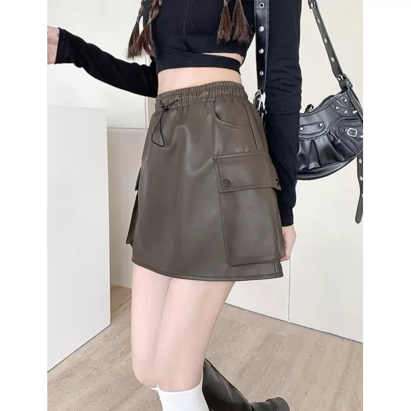 IDEALSANXUN Leather Mini Skirts for Women 2023 Fall Winter High Waisted Drawstring A Line Short Skirt with PocketCoffee