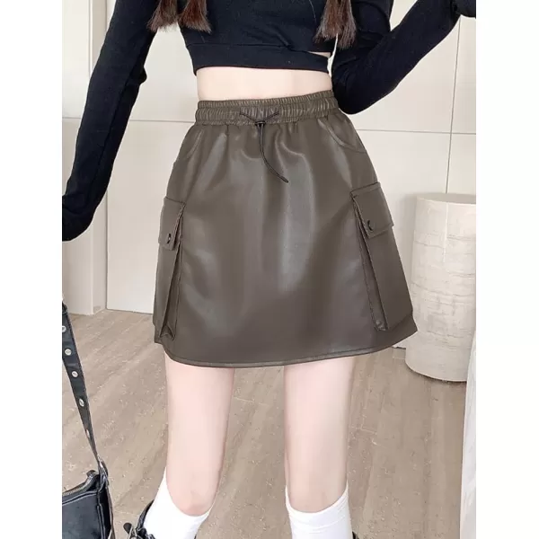 IDEALSANXUN Leather Mini Skirts for Women 2023 Fall Winter High Waisted Drawstring A Line Short Skirt with PocketCoffee