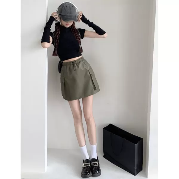 IDEALSANXUN Leather Mini Skirts for Women 2023 Fall Winter High Waisted Drawstring A Line Short Skirt with PocketPea Green