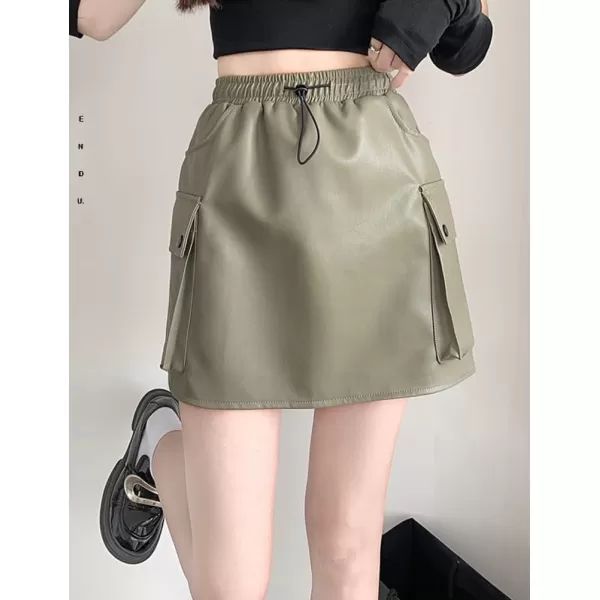 IDEALSANXUN Leather Mini Skirts for Women 2023 Fall Winter High Waisted Drawstring A Line Short Skirt with PocketPea Green