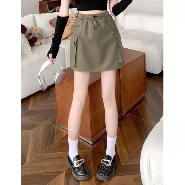 IDEALSANXUN Leather Mini Skirts for Women 2023 Fall Winter High Waisted Drawstring A Line Short Skirt with PocketPea Green