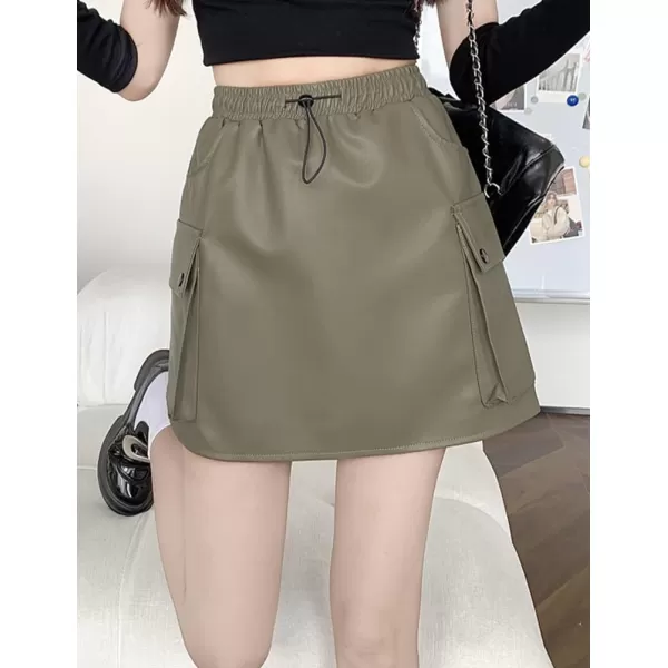 IDEALSANXUN Leather Mini Skirts for Women 2023 Fall Winter High Waisted Drawstring A Line Short Skirt with PocketPea Green