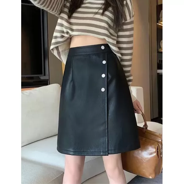 IDEALSANXUN Leather Mini Skirts for Women High Waisted A Line Fall Winter PU Button SkirtBlack