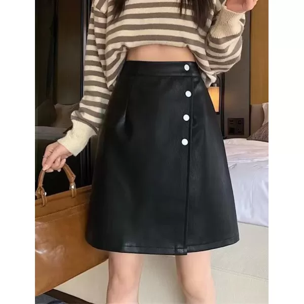 IDEALSANXUN Leather Mini Skirts for Women High Waisted A Line Fall Winter PU Button SkirtBlack