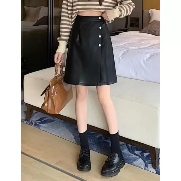 IDEALSANXUN Leather Mini Skirts for Women High Waisted A Line Fall Winter PU Button SkirtBlack