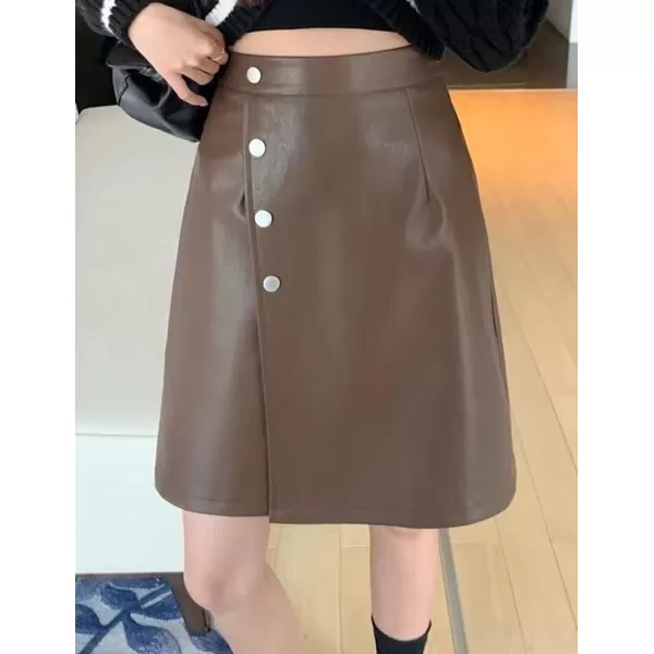 IDEALSANXUN Leather Mini Skirts for Women High Waisted A Line Fall Winter PU Button SkirtCoffee