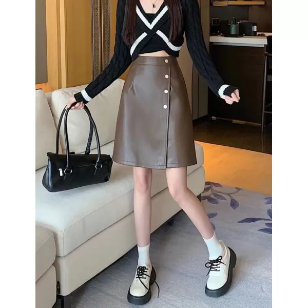 IDEALSANXUN Leather Mini Skirts for Women High Waisted A Line Fall Winter PU Button SkirtCoffee