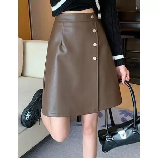 IDEALSANXUN Leather Mini Skirts for Women High Waisted A Line Fall Winter PU Button SkirtCoffee