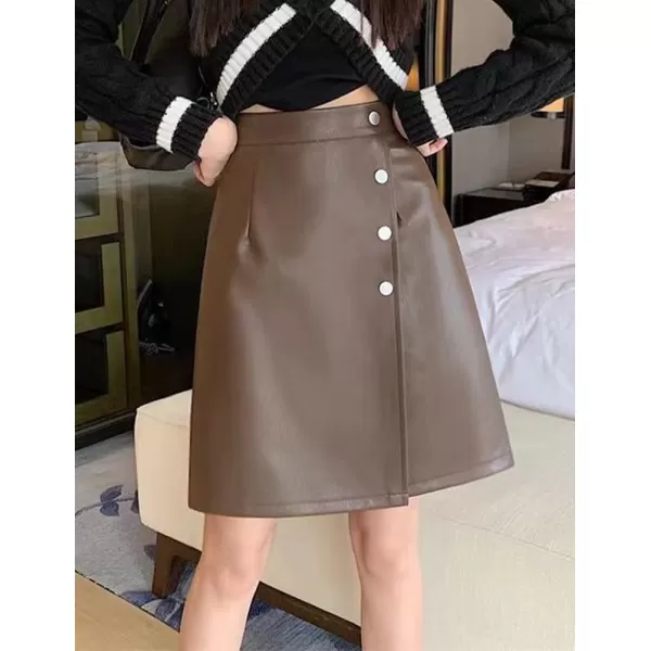 IDEALSANXUN Leather Mini Skirts for Women High Waisted A Line Fall Winter PU Button SkirtCoffee