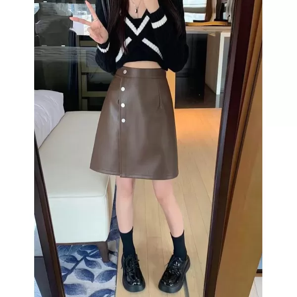 IDEALSANXUN Leather Mini Skirts for Women High Waisted A Line Fall Winter PU Button SkirtCoffee