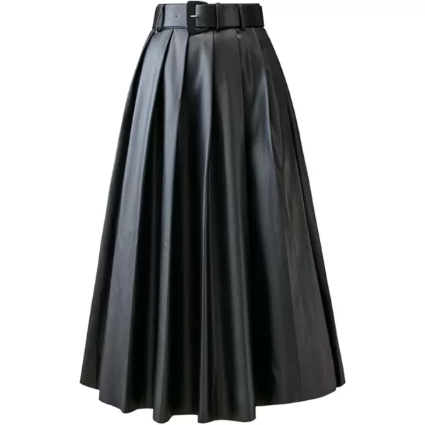 IDEALSANXUN Leather Pleated Skirt for Women 2023 High Waisted PU A Line Flared Fall Winter Midi Skirts with BeltBlack