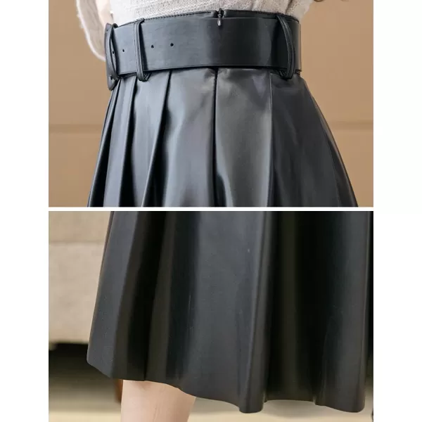IDEALSANXUN Leather Pleated Skirt for Women 2023 High Waisted PU A Line Flared Fall Winter Midi Skirts with BeltBlack